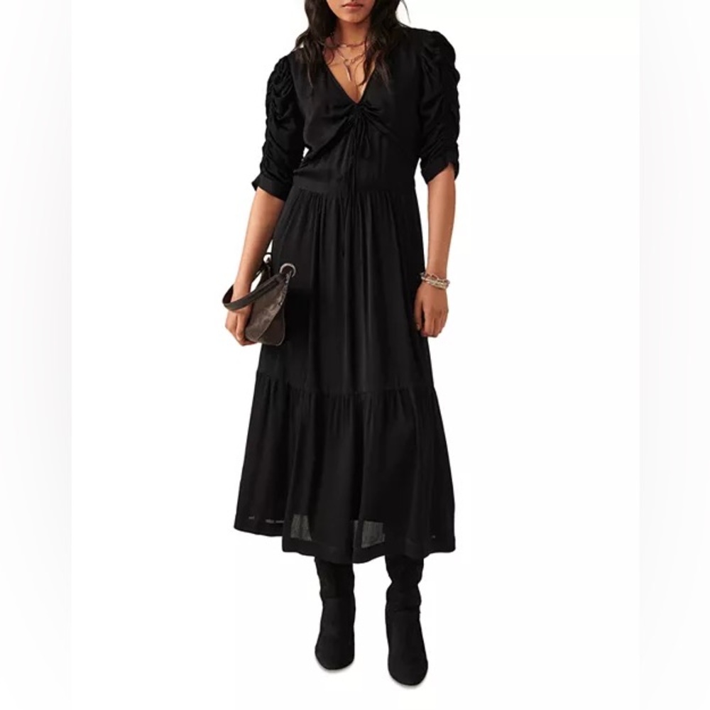 ba&sh Fercy Elbow Sleeve Midi Dress Black Size 0 NWT